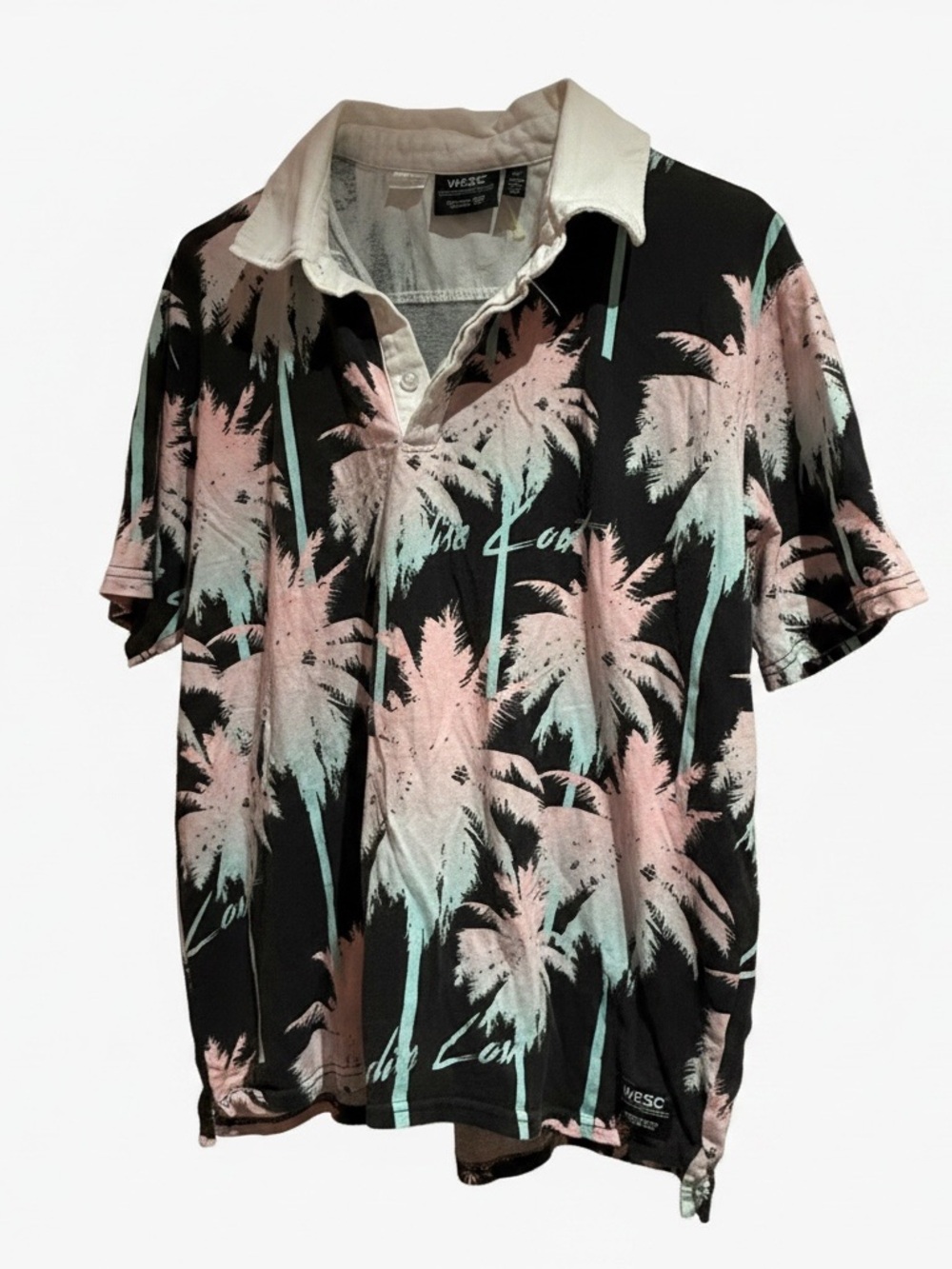 Wesc Black Polo Shirt with Pink & Mint Palm Print